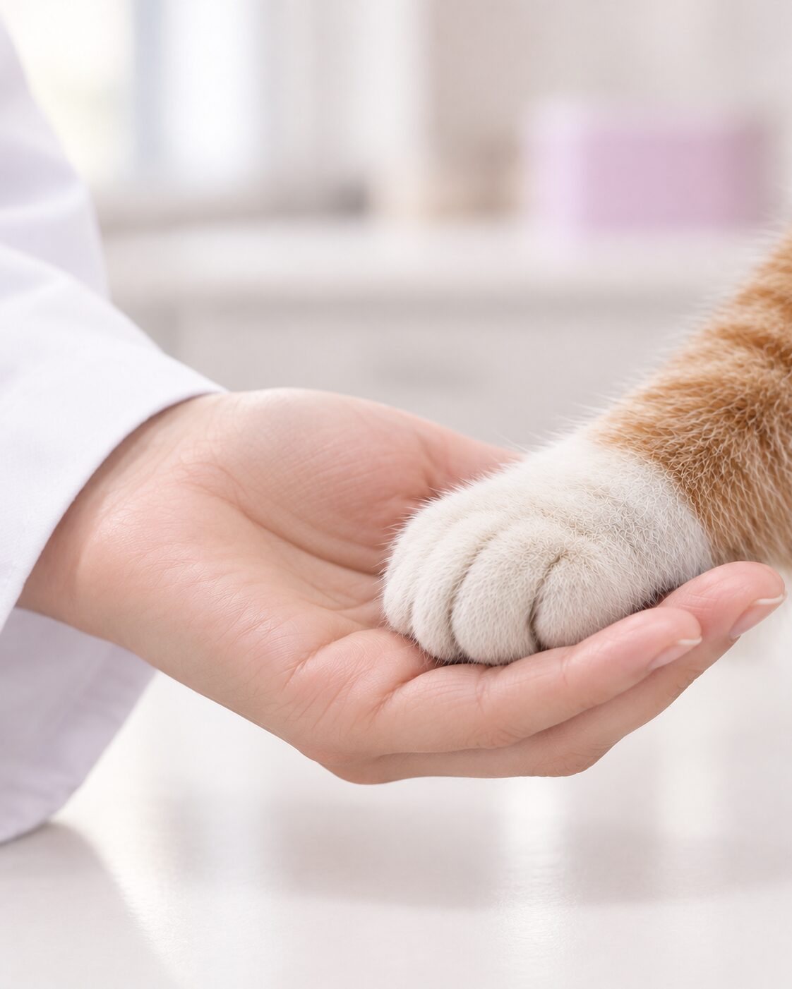 Zampa di gatto appoggiata sulla mano della veterinaria su un tavolo da visita in clinica