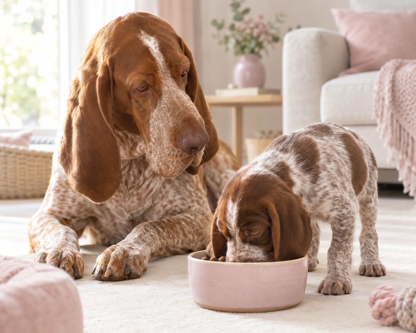 Bracco italiano adulto che guarda il suo cucciolo mentre mangia dalla ciotola