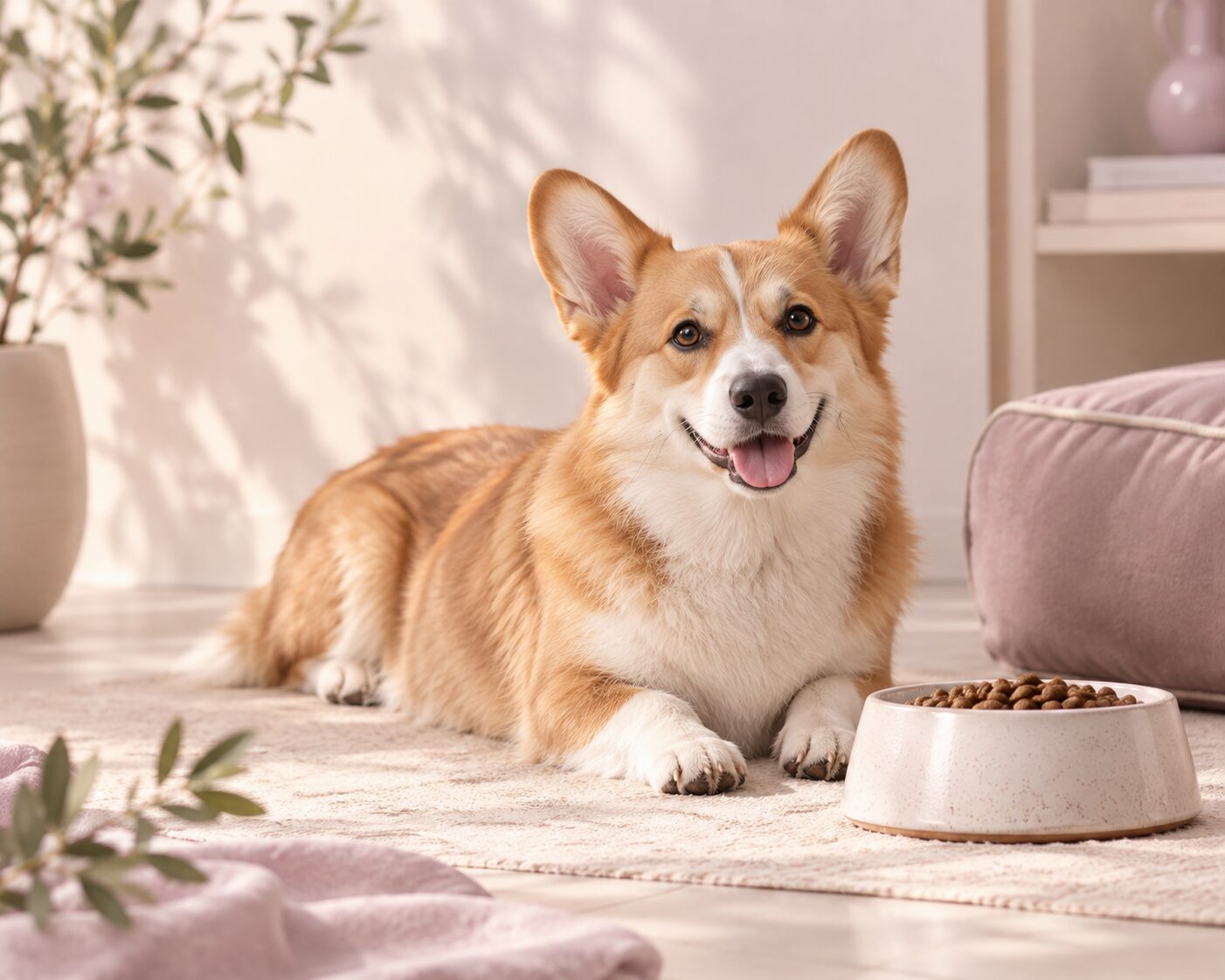 Cane corgi accanto alla ciotola con crocchette — piano di mantenimento personalizzato