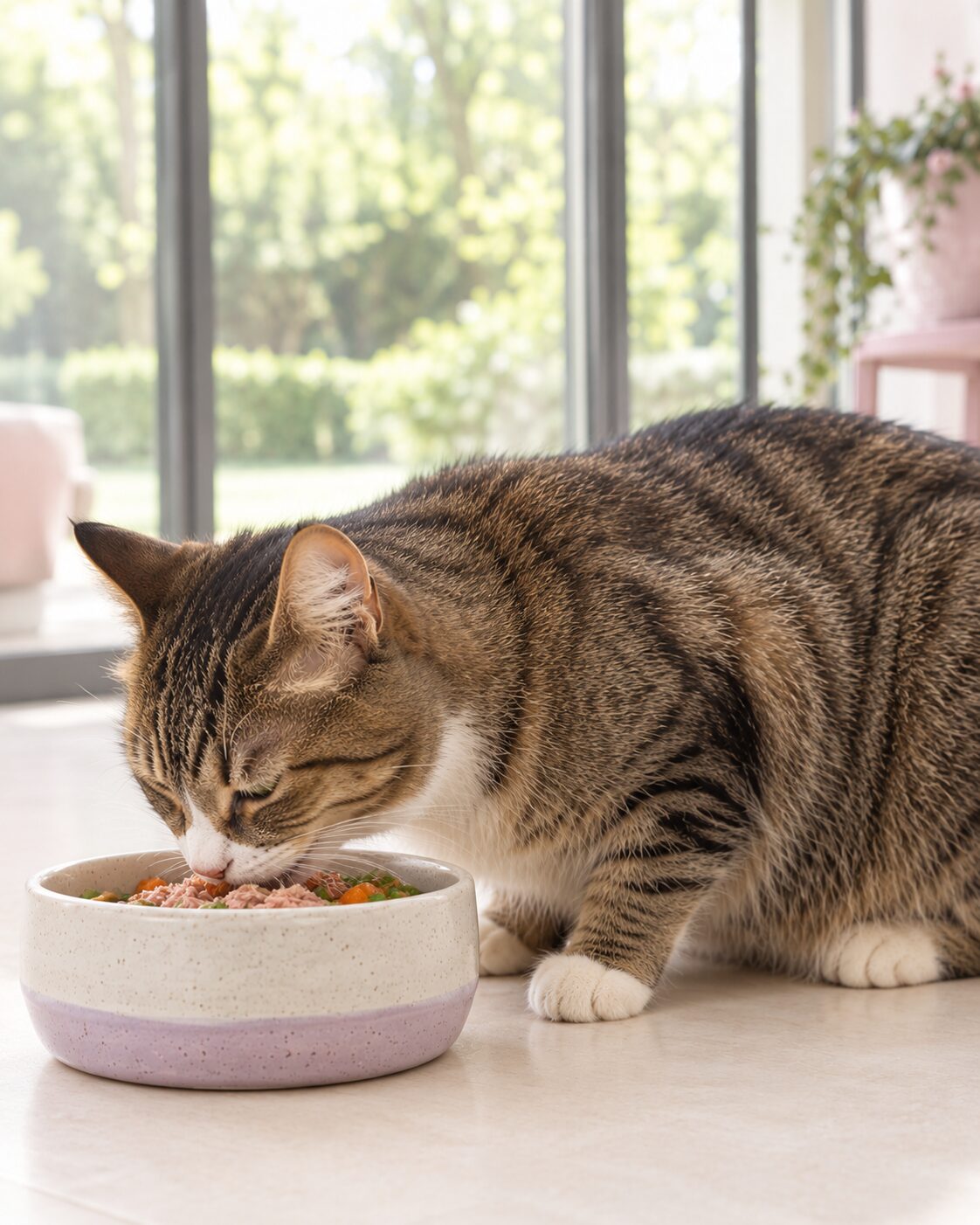 Gatto tigrato che mangia cibo fresco da una ciotola in ceramica in veranda luminosa